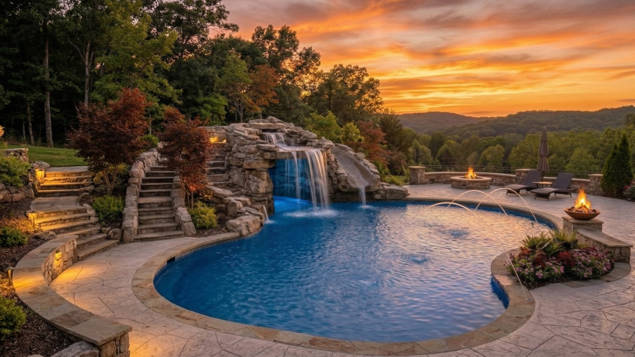 Custom pool features by an inground pool builder near me take an Arkansas pool to a whole new level. A grotto, fire pit, pool deck, pool slide, fire features, and patio add to the swimming area.