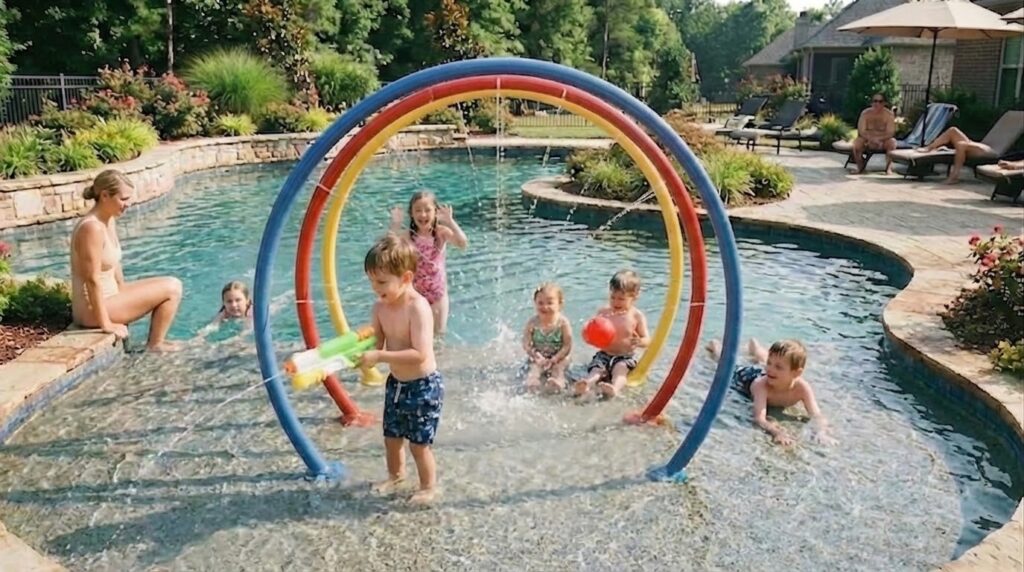 A splash pad and tanning ledge make for hours of fun for the whole family in this pool.