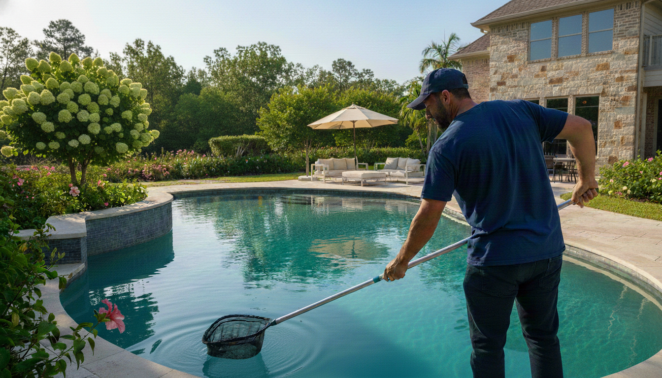 A pool technician scoops leaves out of a beautiful backyard pool. Burton Pools & Spas offers the best pool service near me in NW Arkansas, SW Missouri, and Eastern Oklahoma.