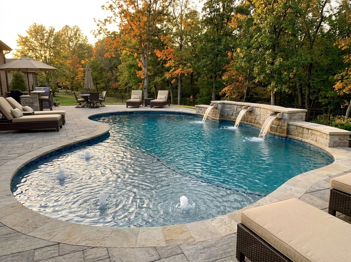 Pool builders near me from Burton Pools & Spas feature a beautiful build and water features.