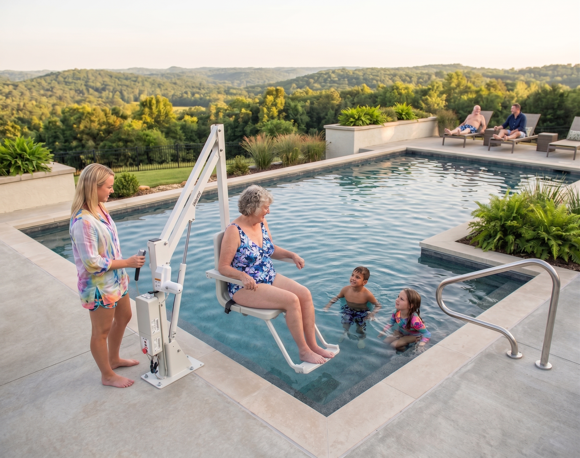 A family enjoys an ADA handicap accessible pool in their own backyard.