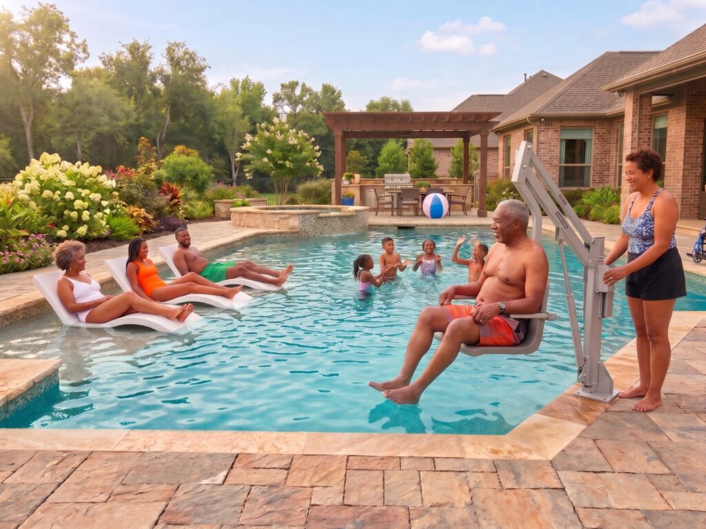 A family spends time together in a backyard pool, where handicap accessibility meets beautiful pool design and space for the whole family to gather.