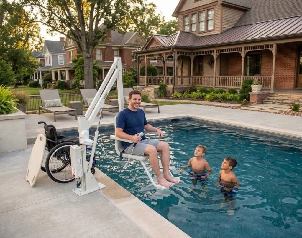 A man in a wheelchair transfers to an ADA pool lift to spend time with his boys in the pool.