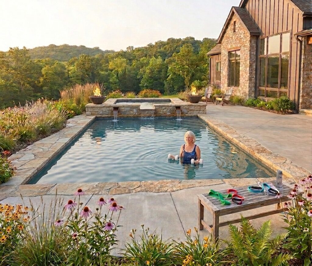 A woman uses aquatic weights to exercise in her backyard pool.