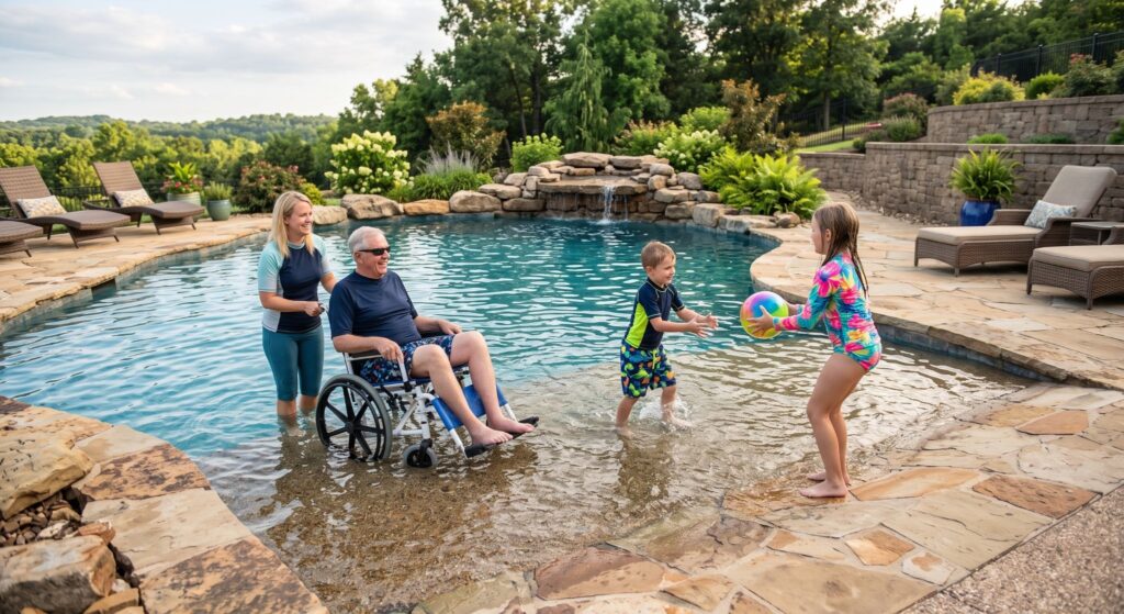 A beach entry or zero entry pool helps a man in a water wheelchair spend time with his family in the pool.