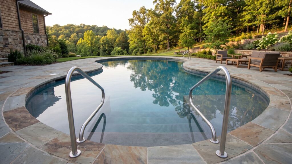 Pool handrails and textured steps and seating areas help provide stability in an accessible pool.